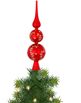 Kerstboom piek - gedecoreerd - rood - glas - 31 cm - gouden details