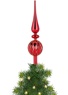 Kerstboom piek - gedecoreerd - rood - glas - 31 cm - gouden details