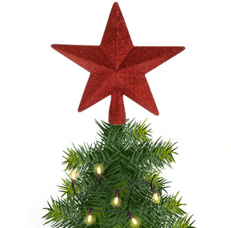 Kerstboom piek ster kunststof rood met glitters 19 cm