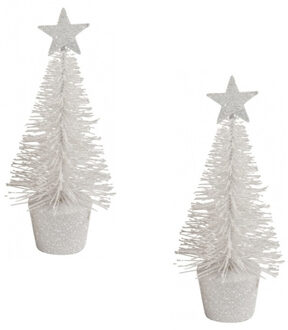 Kerstboompje - 2x - glitter wit - klein - 15 cm - kerstversiering - Kunstkerstboom