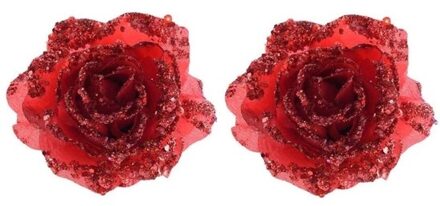 Kerstboomversiering Bloem - 2x - 14 cm - rood - op clip - ornament - roos