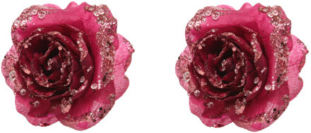 Kerstboomversiering Bloem - 2x - 15 cm - roze - op clip - ornament