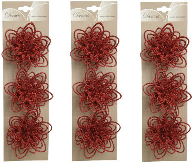Kerstboomversiering Bloemen - 12x stuks - 11 cm - rood glitter - op clip - ornament