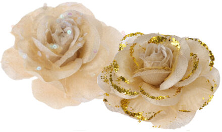 Kerstboomversiering Bloemen - 2x stuks - 9 cm - goud glitter - op clip - ornament Goudkleurig