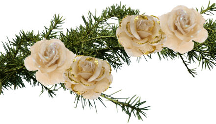 Kerstboomversiering Bloemen - 2x stuks - 9 cm - goud glitter - op clip - ornament