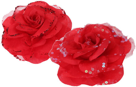 Kerstboomversiering Bloemen - 2x stuks - 9 cm - rood glitter - op clip - ornament