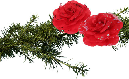 Kerstboomversiering Bloemen - 2x stuks - 9 cm - rood glitter - op clip - ornament