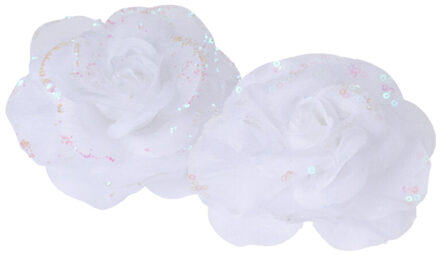 Kerstboomversiering Bloemen - 2x stuks - 9 cm - wit glitter - op clip - ornament