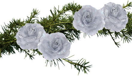 Kerstboomversiering Bloemen - 2x stuks - 9 cm - zilver glitter - op clip - ornament