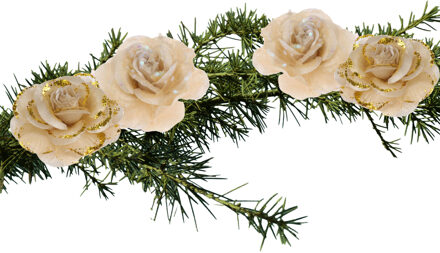 Kerstboomversiering Bloemen - 4x stuks - 9 cm - goud glitter - op clip - ornament