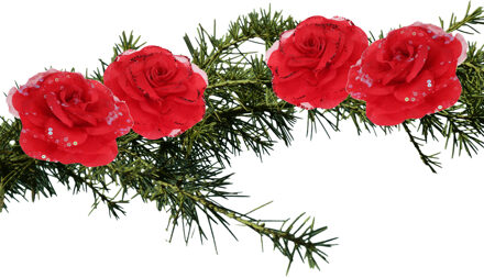 Kerstboomversiering Bloemen - 4x stuks - 9 cm - rood glitter - op clip - ornament