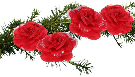 Kerstboomversiering Bloemen - 4x stuks - 9 cm - rood glitter - op clip - ornament