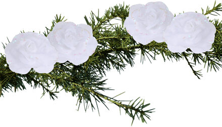 Kerstboomversiering Bloemen - 4x stuks - 9 cm - wit glitter - op clip - ornament
