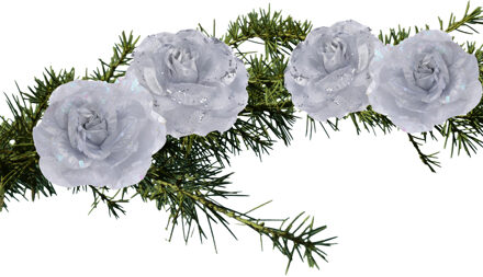 Kerstboomversiering Bloemen - 4x stuks - 9 cm - zilver glitter - op clip - ornament