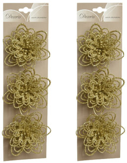 Kerstboomversiering Bloemen - 6x stuks - 11 cm - goud glitter - op clip - ornament