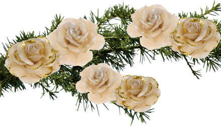 Kerstboomversiering Bloemen - 6x stuks - 9 cm - goud glitter - op clip - ornament