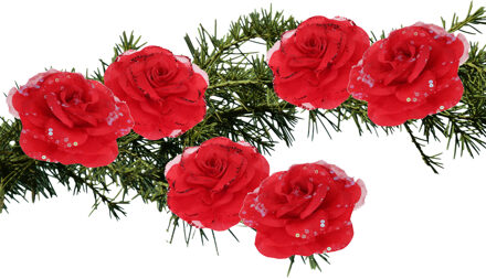 Kerstboomversiering Bloemen - 6x stuks - 9 cm - rood glitter - op clip - ornament