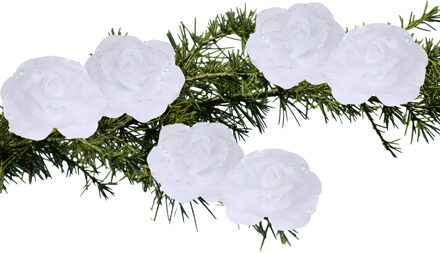 Kerstboomversiering Bloemen - 6x stuks - 9 cm - wit glitter - op clip - ornament