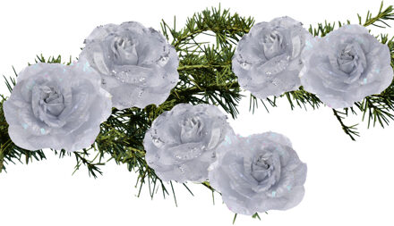 Kerstboomversiering Bloemen - 6x stuks - 9 cm - zilver glitter - op clip - ornament