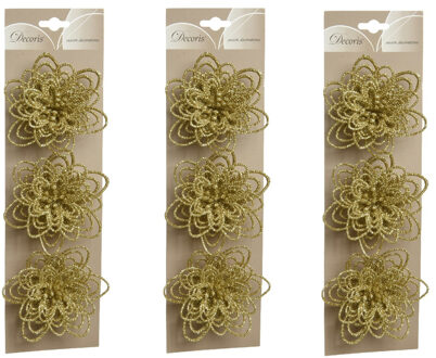 Kerstboomversiering Bloemen - 9x stuks - 11 cm - goud glitter - op clip - ornament