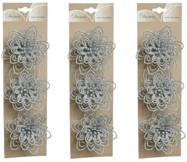 Kerstboomversiering Bloemen - 9x stuks - 11 cm - zilver glitter - op clip - ornament