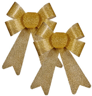 kerstboomversiering kleine strikjes - 2x st - gouden glitters 15 x 17 cm - Kersthangers Goudkleurig