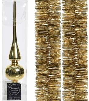 Kerstboomversiering set gouden piek en 2x folieslingers 270 cm