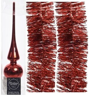 Kerstboomversiering set rode piek en 2x folieslingers 270 cm Rood