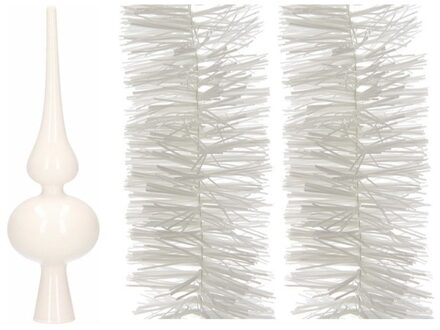 Kerstboomversiering set witte piek en 2x folieslingers 270 cm