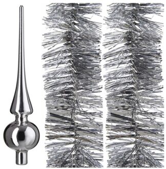 Kerstboomversiering set zilveren piek en 2x folieslingers 270 cm