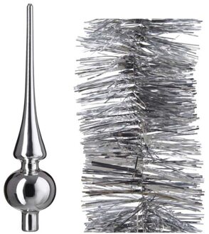 Kerstboomversiering set zilveren piek en 3x folieslingers 270 cm