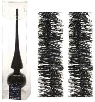 Kerstboomversiering set zwarte piek en 2x folieslingers 270 cm