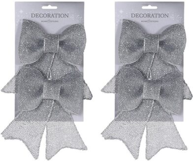 Kerstboomversiering Strikjes - 4x stuks - zilver - 33 cm - glitters - op clip