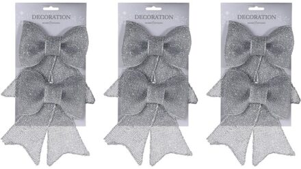 Kerstboomversiering Strikjes - 6x stuks - zilver - 33 cm - glitters - op clip