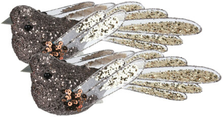 Kerstboomversiering Vogel - 2x stuks - 10 cm - Bruin glitter - op clip - ornament