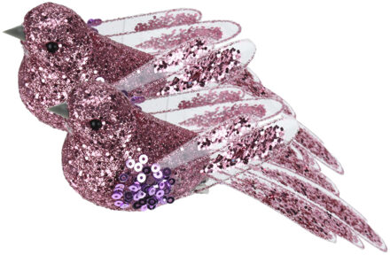 Kerstboomversiering Vogel - 2x stuks - 10 cm - Roze glitter