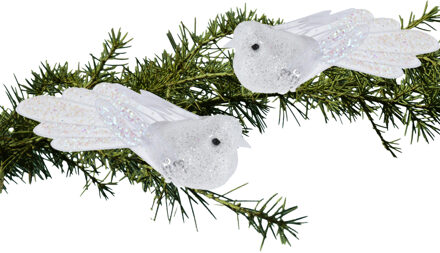 Kerstboomversiering Vogel - 2x stuks - 10 cm - Wit glitter - op clip - ornament