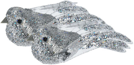 Kerstboomversiering Vogel - 2x stuks - 10 cm - Zilver glitter
