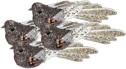 Kerstboomversiering Vogel - 4x stuks - 10 cm - Bruin glitter - op clip - ornament
