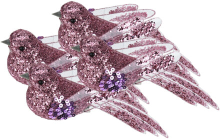 Kerstboomversiering Vogel - 4x stuks - 10 cm - Roze glitter - op clip - ornament