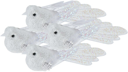 Kerstboomversiering Vogel - 4x stuks - 10 cm - Wit glitter - op clip - ornament