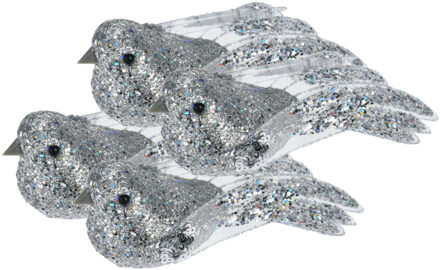 Kerstboomversiering Vogel - 4x stuks - 10 cm - Zilver glitter - op clip - ornament