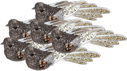 Kerstboomversiering Vogel - 6x stuks - 10 cm - Bruin glitter - op clip - ornament
