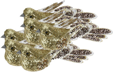 Kerstboomversiering Vogel - 6x stuks - 10 cm - Goud glitter - op clip - ornament