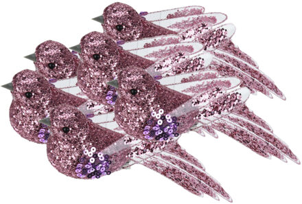 Kerstboomversiering Vogel - 6x stuks - 10 cm - Roze glitter - op clip - ornament