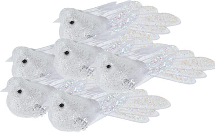 Kerstboomversiering Vogel - 6x stuks - 10 cm - Wit glitter - op clip - ornament