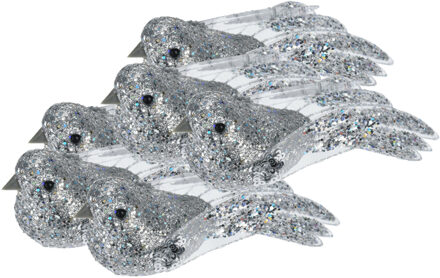 Kerstboomversiering Vogel - 6x stuks - 10 cm - Zilver glitter - op clip - ornament