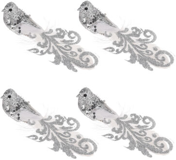 Kerstboomversiering Vogels - 4x stuks - 15 cm - Zilveren glitter - op clip