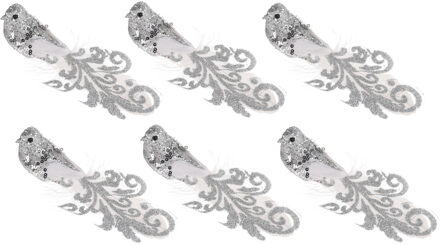 Kerstboomversiering Vogels - 6x stuks - 15 cm - Zilveren glitter - op clip