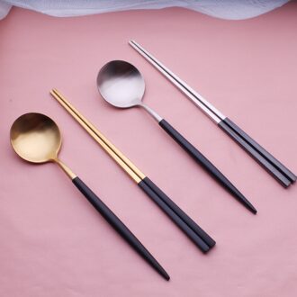 Kerstcadeau Ronde Herbruikbare Eetstokjes Lepel Set Rvs Goud Zwart-Een set lepel & Eetstokjes goud-spoonchopsticks